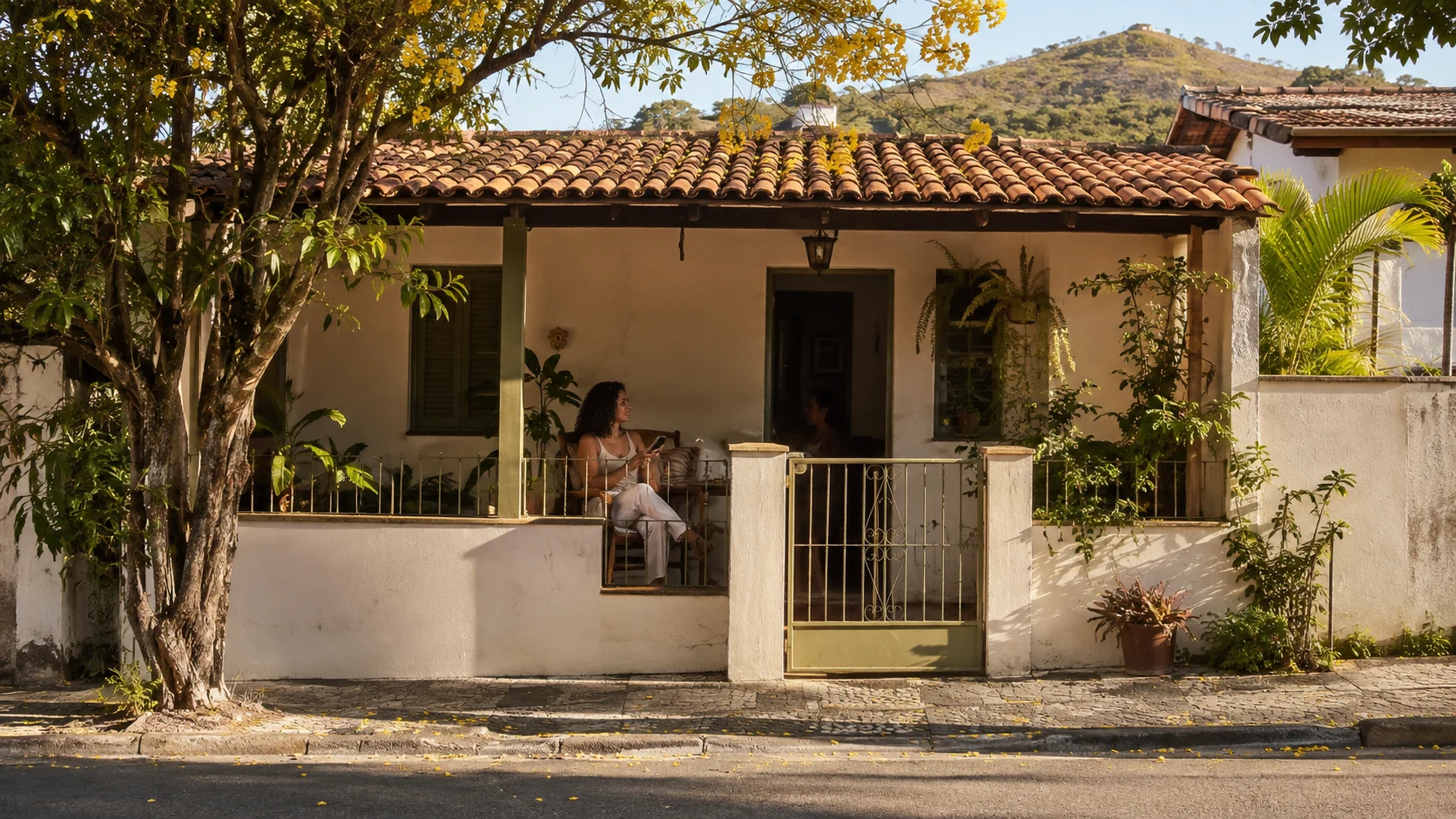 Cena conceitual gerada por IA de uma casa brasileira com telhado de barro e moradora na varanda.
