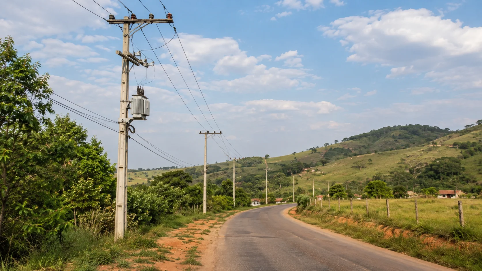 Cena conceitual gerada por IA de postes e transformador de distribuição junto a uma estrada mineira.