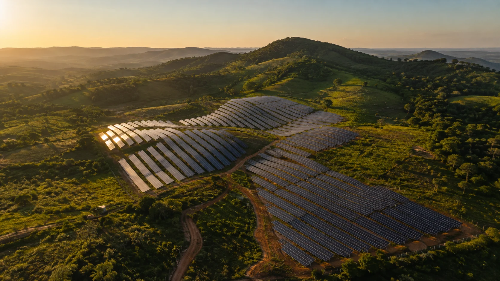 Cena conceitual gerada por IA de uma usina solar entre colinas mineiras, vista do alto.